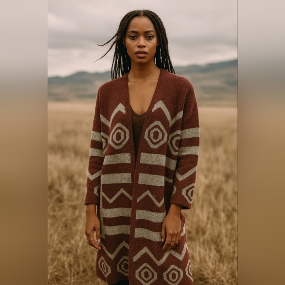 YeMak Sweater Wmns Tribal Boho Cardigan Slouchy Coat Long Sleeve Burgundy SzS/M - Picture 1 of 12